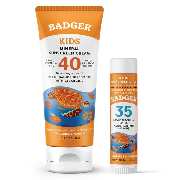 Badger Kids Mineral Sunscreen Combo, SPF 40 Cream and SPF 35 Face Stick, Reef Safe Broad Spectrum Water Resistant with Zinc Oxide, Tangerine and Vanilla