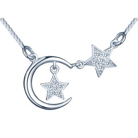 MICSAVI Star and Moon Necklace Women's 925 Sterling Silver Half Moon with Double Star Necklace for Women and Girls, Cubic Zirconia Sterling Silver, Cubic Zirconia