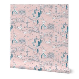 Peel & Stick Wallpaper 12ft x 2ft - Toile,Spring,Girl Nursery,Pink and Blue,Pink and White,Pink,Birds,r - Color Crush Custom Removable Wallpaper by Spoonflower