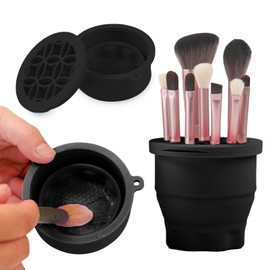 Makeup Brushes Cleaner Mat with Brush Storage Holder, Folding Portable Washing Tool for Makeup Brush Cleaning, 2 In 1 Silicone Brush Cleaner Pad & Cosmetic Brush Organizer Rack (Black)