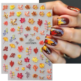 Fall Thanksgiving Nail Art Stickers,5D Gold Red Maple Leaf Nail Decals for Nail Art Thanksgiving Autumn Leaves Yellow Ginkgo Ginkgo Leaf Nail Design Sticker Fall Nail Art Decoration for Women 2Pcs