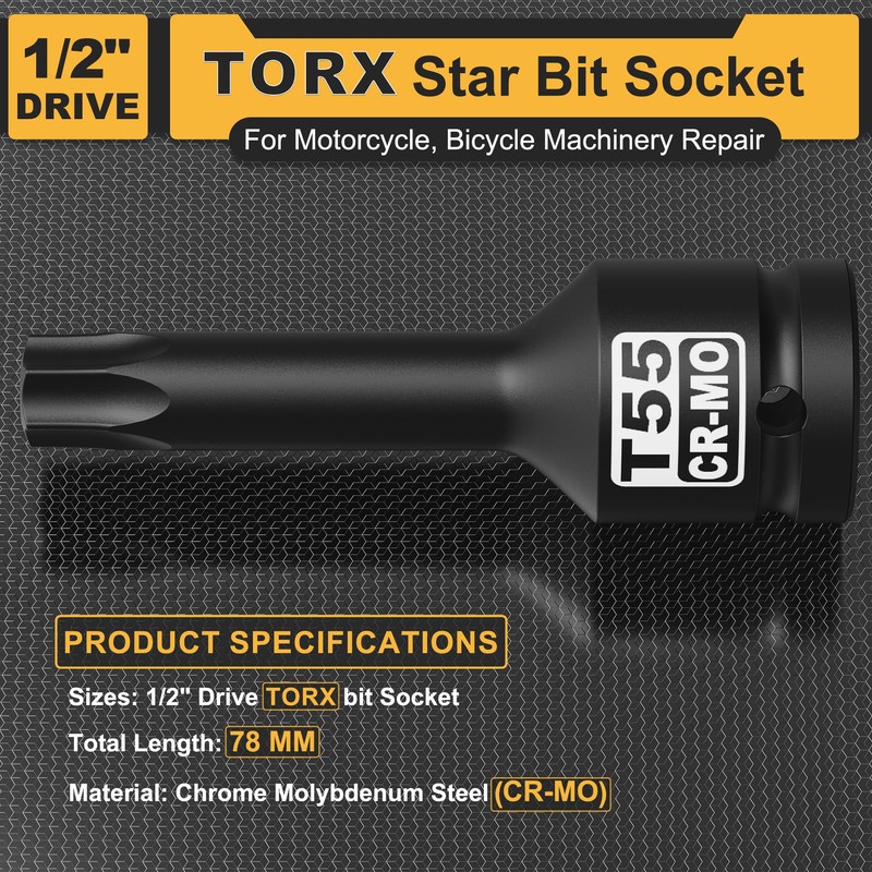 Aiourx 1/2" Drive T55 Torx Star Bit Socket, CR-MO Steel,