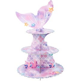 3-Tier Cupcake Stand Under The Sea Birthday Party Decor, Ocean Theme Dessert Display with Mermaid Tail Toppers for Girls & Baby Showers (Mermaid)