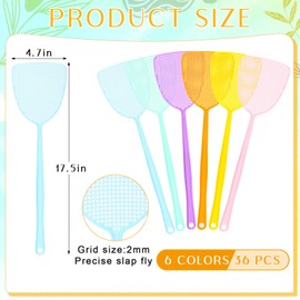 Boao 36 Pcs Plastic Long Handle Fly Swatter Strong Flexible Manual Fly Killer Heavy Duty Colorful Bug Swat for Indoor and Outdoor, Assorted Colors