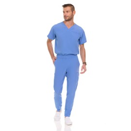 MediChic Men Scrubs Set - Stretch V-Neck Scrub Top with 7-Pocket Pants, Anti-Wrinkle, Yoga Waistband Workwear Scrubs for Men