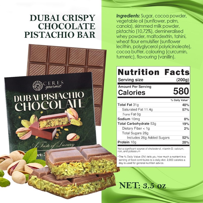 Dubai Chocolate Bar, Pistachio Chocolate Knafeh Bar -3.5 Oz, (100g)