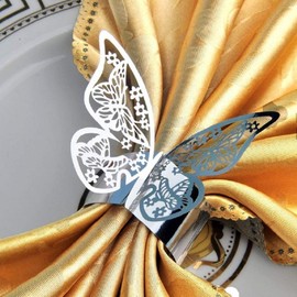 Acfun 50pcs Laser Cut 3D Butterfly Paper Napkin Rings Napkin Holder for Thanksgiving Day Easter Christmas Home Kitchen Hotel Dinners Tables Home Wedding Anniversray Party Tables Decorations (Silver)