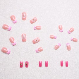 24Pcs French Tip Press on Nails Short Square Fake Nails with Nude Pink Design Autumn Acrylic Nails 3D Flower Nails Press on Gold Star False Nails Reusable Floral Glue on Nails for Women DIY Manicure