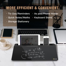 SELEAD Desktop Glass Whiteboard with Organizer, Markers, Eraser - Dry Erase Board Computer Pad Keyboard Stand with Drawer and Holder for Home, School, Office - Black