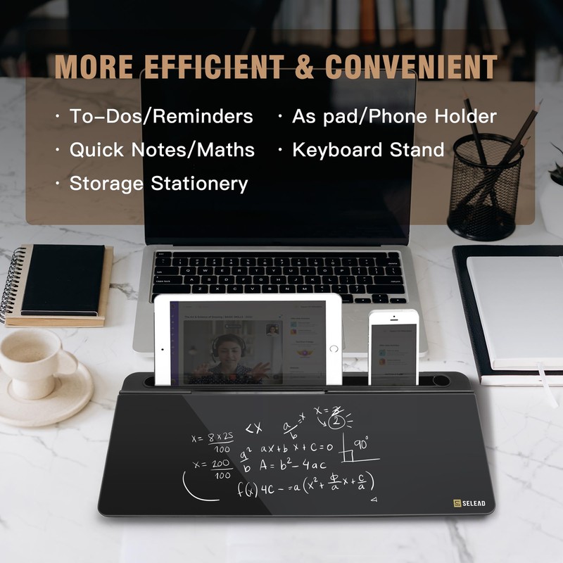 SELEAD Desktop Glass Whiteboard with Organizer, Markers, Eraser - Dry