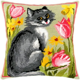Brvsk Kitty. Needlepoint Kit w/Printed Tapestry Canvas (40 × 40 cm) — Needlepoint Cushion Kit for Creative Home Décor — Needlework Kit for Adult Beginners