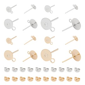 UNICRAFTALE Approx. 80 Pieces, 4 Different Sizes, 2 Colors, Stud Earring Parts, Plate, Round Plate Earrings, 2 Colors, 80 Pieces, Earring Catches, 304 Stainless Steel, Stud Earring Parts, Round, Flat Round, Post Earrings, Metal Fittings, Pins, Piercing P