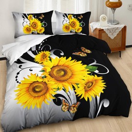 AILONEN Black and White Duvet Cover Set King Size, Yellow Sunflower Bedding Set for Girls Kids Women,Soft Breathable Microfiber Comforter Cover with 2 Pillowcases