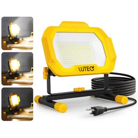 LUTEC 12500 Lumen LED Work Light, Dimmable Flood Lights with 3 Brightness Levels, IP65 Waterproof Portable Job Site Lights with Stand and 5 Ft 3-Prong Power Cord for Workshop Garage Construction Site