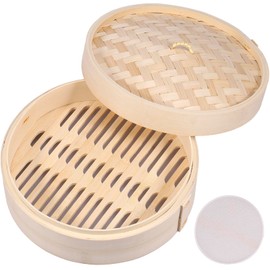 Eummy Bamboo Steamer Basket 10 Inch Dumpling Steamer Chinese Food Steamers with Lid and Steaming Cloth Strong Vegetable Steamer Basket Best for Dim Sum, Vegetables, Meat and Fish(1 Tier)