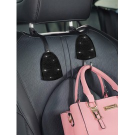 Pinbola 2pcs/Pack Shining Bling Car Back Seat Hidden Hook Headrest Hanger Luster Crystal Diamond Car Decor Accessories for Women Universal Fit (Black)