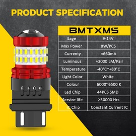 BMT xms 3157 LED Back up Reverse Light, 400% Brighter 6000K 2400 Lumens 44-SMD Chipset, 3156 3056 3057 4157 3047 4057 3457 4114 LED Bulbs for Tail Light, Parking Light, Pack of 2
