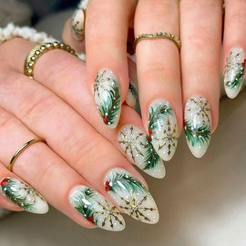 Christmas Press on Nails Medium Almond MABKJLF Winter Fake Nails False Nails with Designs Evergreen Bough Snowflake Mistletoe Glossy Glue on Nails Xmas Acrylic Nails for Women Girls 24 Pcs