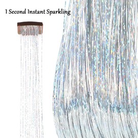 AIAIZHQH 23.6Inch Clip in Hair Tinsel Kit, Silver Hair Tinsel Heat Resistant Fairy Hair Tinsel Clip in Glitter Hair Extensions, Tinsel Hair Sparkles Festival Hair Accessories for Women Girls (Silver)