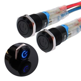 JIQI 2 x 12 mm Locking Waterproof Pressure Switch 12 V to 24 V 2 A IP66 Latching Push Button with LED Power Symbol Locking On/Off Switch Made of Metal Black Push Button Switch for Car DIY Car (Blue)