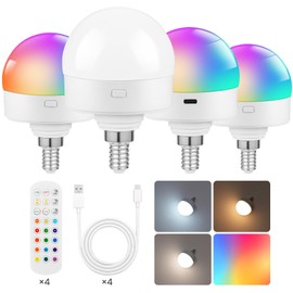 GOEBLESON Rechargeable Light Bulbs with Remote Control, 4 Packs E12 Battery Operated Light Bulbs, 3 Timer 15 Colors Selectable, Dimmable Wireless RGB LED Bulb, Non-Hardwired, R08YBP405