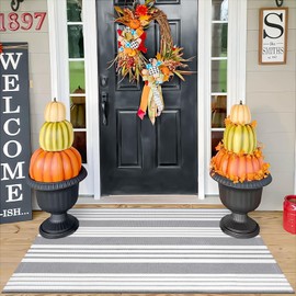 OJIA Entryway Rug 3 x 5 ft Cotton Hand Woven Fall Indoor Door Mat Machine Washable Rugs Grey and White Striped Outdoor Rug Indoor Area Rug Front Door Mat for Porch/Living Room/Nursery Room