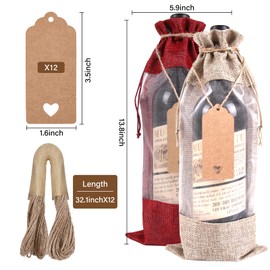 EVRWO Burlap Wine Bags 12 Pcs Wine Bottle Gift Bags Reusable Gift Bags with Sheer Window Drawstrings Tags & Ropes for Holiday Weedings Party/Birthdays/Christmas/Blind Tastings/Home Storage Gift Bag