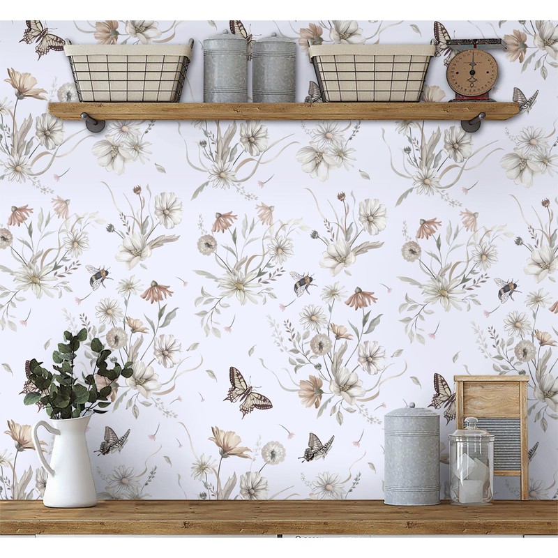 Timeet Peel and Stick Wallpaper Boho Butterfly Flowers Wallpaper Self