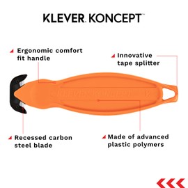 Klever Koncept Safety Cutter, Carbon Steel Blade Box Cutter, Cuts Boxes, Film, Tape, and More, Utility Knife, Orange, 20/pk (KCJ-2G)