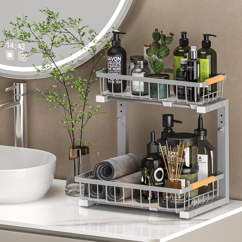 Liuoud Under Sink Organizer Storage 2 Pack, 2 Tier Slide