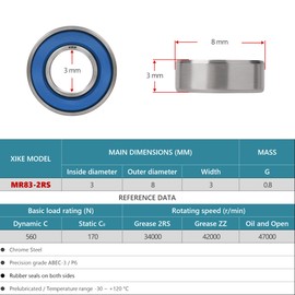XIKE 10 Pcs MR83-2RS Mini Ball Bearings 3x8x3mm, Bearing Steel and Double Rubber Seals, Pre-lubrication, MR83RS Deep Groove Ball Bearing with Shields.