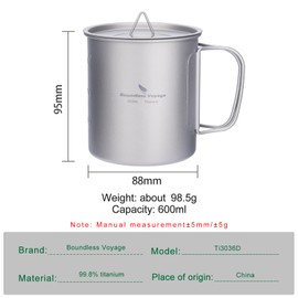 Boundless Voyage Single Walled Titanium Cup with Lid Folding Handle Outdoor Camping Ultralight Water Tea Coffee Cup (600ml 1packed)