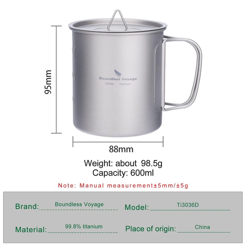 Boundless Voyage Single Walled Titanium Cup with Lid Folding Handle
