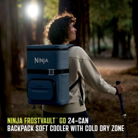 Ninja | Backpack Cooler | FrostVault Go 24 Can Soft Cooler | Leakproof Zipper with Built in Can Opener, 2 Ice Packs & Dry Storage Drawer | for Hiking, Camping & More | Lakeshore Blue | FF124NV