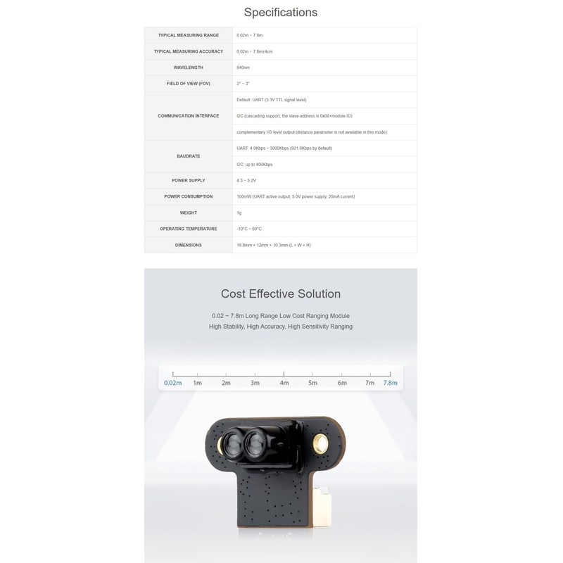 TOF Mini Laser Range Sensor, 7.8 m Distance, ±4 cm