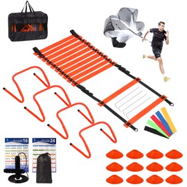 Kevirice Agility Ladder, Agility Speed Training Set, 20ft 12 Rung Agility Ladder, 4 Agility Hurdles, 5 Resistance Bands, 12 Resistance Cones, Running Parachute, Jump Rope for Athletes, Adults(Orange)