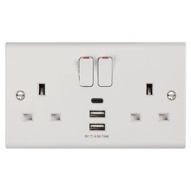 Deta S1288 Slimline 13A 2 Gang Switched Socket with 3 USB Ports (1 x Type C + 2 x Type A, 4.0A)