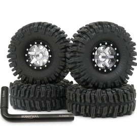 HOBBYSOUL 64mm Soft Sticky 1.0 Mud Slingers Tires & 1.0 Wheels, Adjustable Negative Offset 1.0 Beadlock Wheels and Tires for 1:24 SCX24 & 1/18 TRX4M Crawler