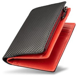[Number7] Men's Bifold Wallet, Genuine Leather, Carbon Leather, Bifold L-Shaped Coin Purse, Black x Red