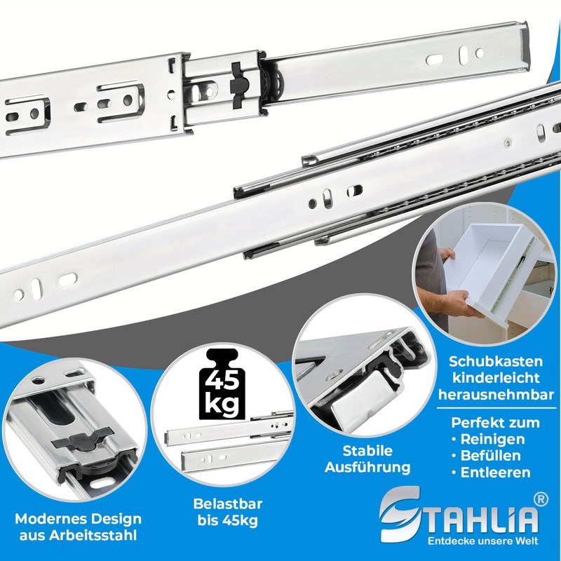 Set of 2 drawer Rails, Drawer Slides, Full Extension, Telescopic