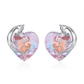 Cat Earrings Sterling Silver Cute Cat Studs Earrings with Pink Heart Crystals from Austria, Cat Jewelry Gifts for Girls Women Cat Lover