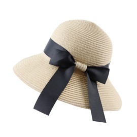 PESAAT Girl Summer Straw Hat Bowknot Girls Beach Caps Wide Brim Foldable Sun Hats (Beige, Child)