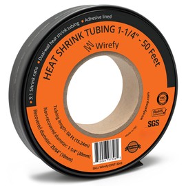 Wirefy 1-1/4" Heat Shrink Tubing - Large Diameter - 3:1 Ratio - Adhesive Lined - Industrial Heat-Shrink Tubing - Black - 50 Feet Roll