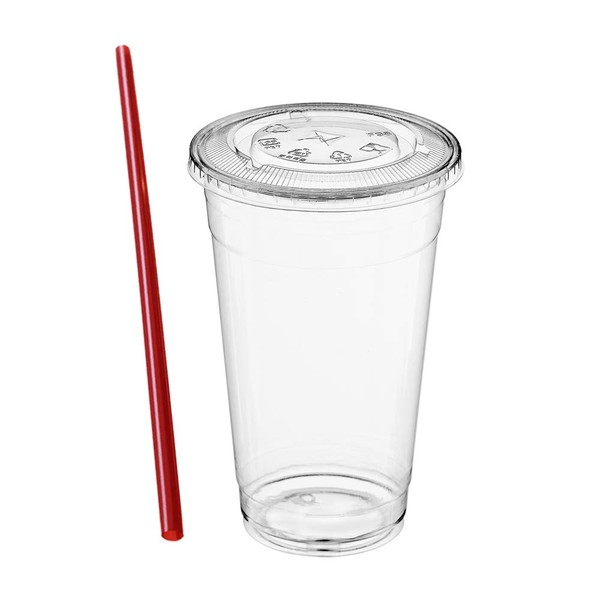 (100 Sets) 24 oz Clear Plastic Cups with Lids and FREE Straws, Disposable Crystal Clear PET Cups with Flat Straw Slot Lids for Cold Drinks, To Go Iced Coffee, Juice, Soda, Bubble Boba Tea, Smoothie