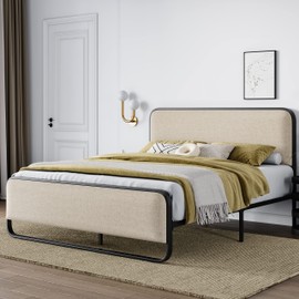 Allewie Full Size Metal Bed Frame with Curved Upholstered Headboard and Footboard, Platform Bed Frame with Under Bed Storage, No Box Spring Needed, Vintage, Beige