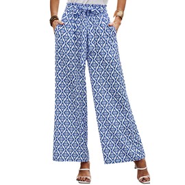 Potany Flowy Pants for Women Wide Leg High Waisted Floral Print Loose Summer Boho Palazzo Trousers Lounge Pants Halara Beach Vacation Outfits 2024 with Pockets(Blue Floral,L)