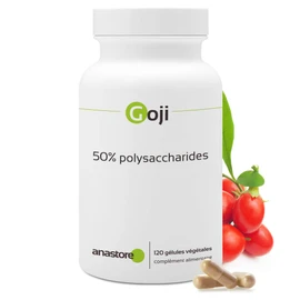GOJI (Lycium barbarum) * Concentrated extract * 100% natural * Titrated to 50% polysaccharides * 375mg / 120 vegetable capsules * Youth and vitality * Quality control by certificate of analysis *