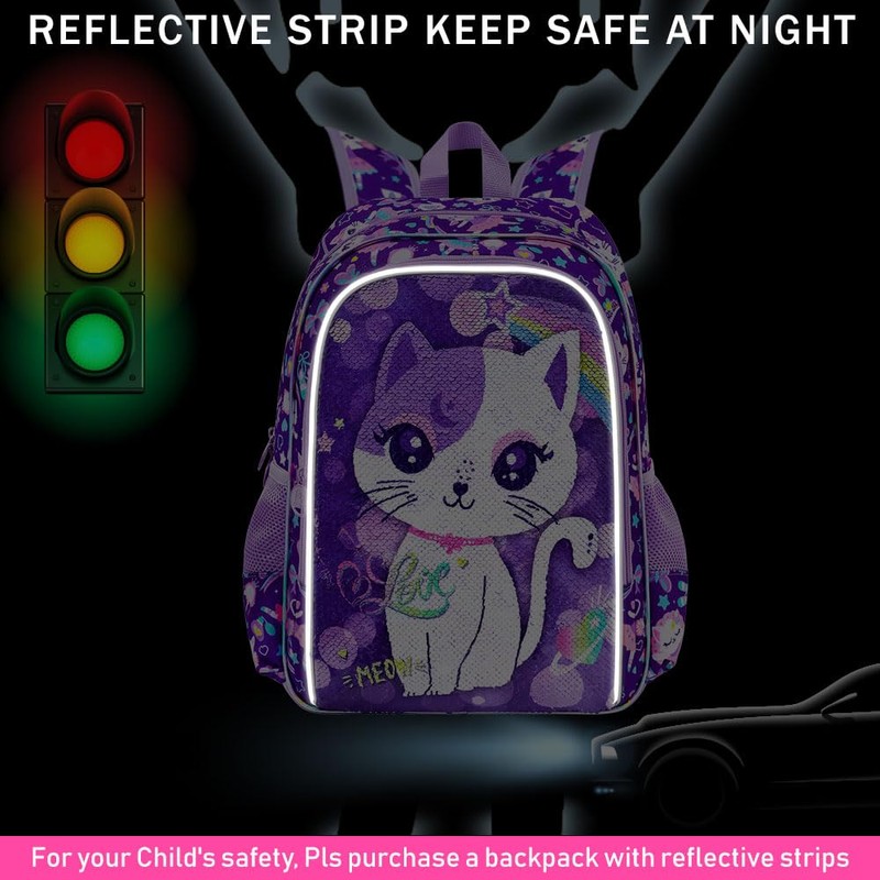 Girls Toddler Cat Backpack, Water Resistant Sequins Kindergarten Bookbag, 13"