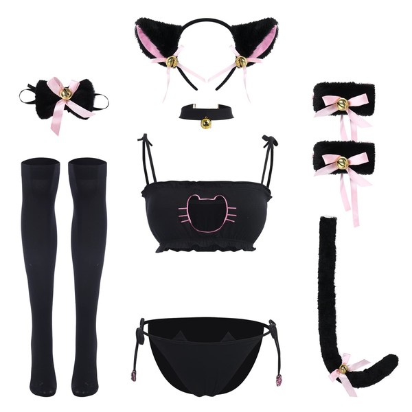 ABAFIP Women's Cute Anime Kawaii Cat Kitten Cosplay Strappy Lingerie Halter Micro Bikini Bra Panty Headband Garter Stockings Set Black-03 One Size