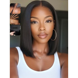 KLAIYI Bob Wig Human Hair Bye Bye Knots Glueless Wear and Go Wig with Drawstring Pre Cut 7x5 Lace Front Pre Plucked Bleached Short Straight Put on Go Beginner Wigs 3S Ready to Go Pre Everything 12Inch
